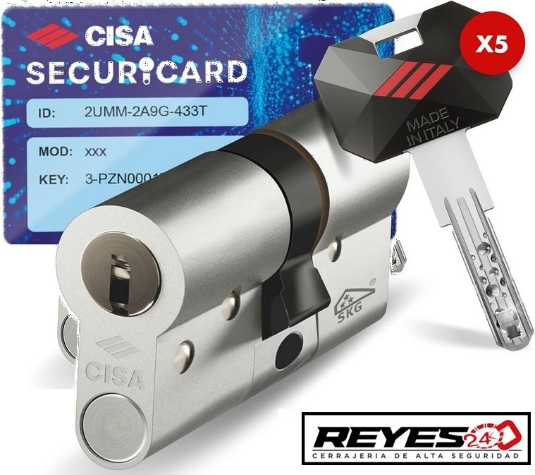 Cilindro de alta seguridad CISA RS5 con cifrado radial y tarjeta de propiedad SECURiCARD para blindaje domiciliario.