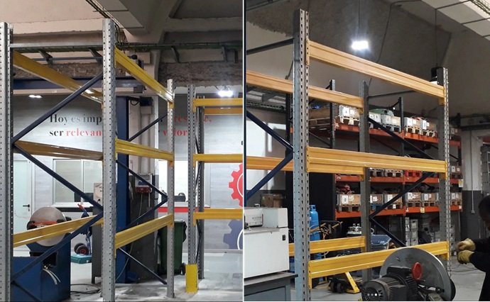 Estructuras terminadas para almacén pesado, con guías perimetrales amarillas para absorción de impactos por carretilla.