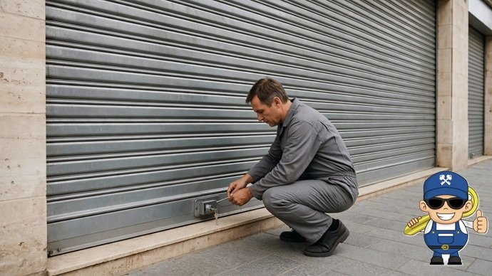 Técnico de Cerrajería La Línea Locksmith interviniendo el cerrojo central a ras de acera en persiana comercial cerrada