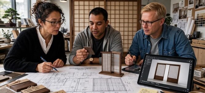 Equipo técnico de Shoji España by New Design Madrid analizando planos y muestras para separadores a medida.