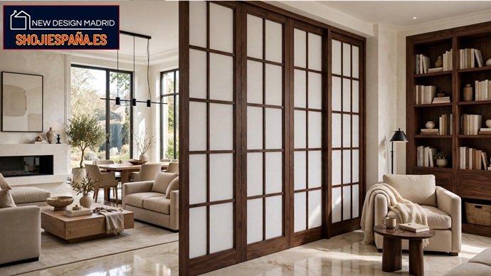 Separador de ambiente japonés corredero en madera oscura instalado en salón por Shoji España by New Design Madrid.