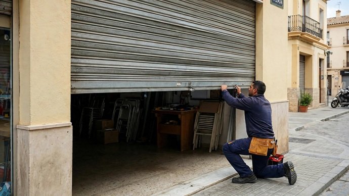 Especialista levantando manualmente el cierre metálico enrollable tras corregir la avería
