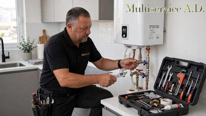 Técnico de Multiservice A.D. ajustando las válvulas y tomas de latón de un termo eléctrico con maletín de herramientas en una cocina moderna.