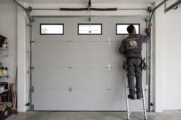 Técnico de Puertas Automáticas D.A. ajustando los mecanismos de una puerta seccional en Alicante