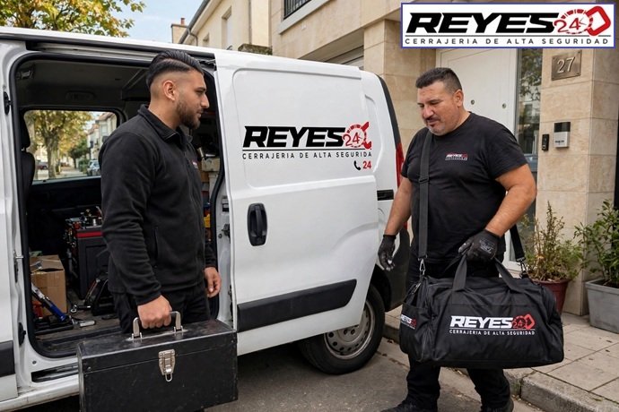 Operarios versados de Cerrajería Reyes junto a su furgoneta taller móvil listos para una intervención urgente en Sabadell.
