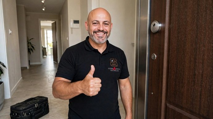 Profesional de Cerrajeros Técnicos sonriendo tras finalizar la instalación de sistemas de cerrajería en un domicilio.