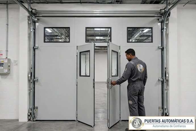 Puerta seccional industrial con portillo peatonal instalada por Puertas Automáticas D.A. en Murcia
